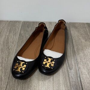 Tory Burch Black Leather Flats with Gold Logo